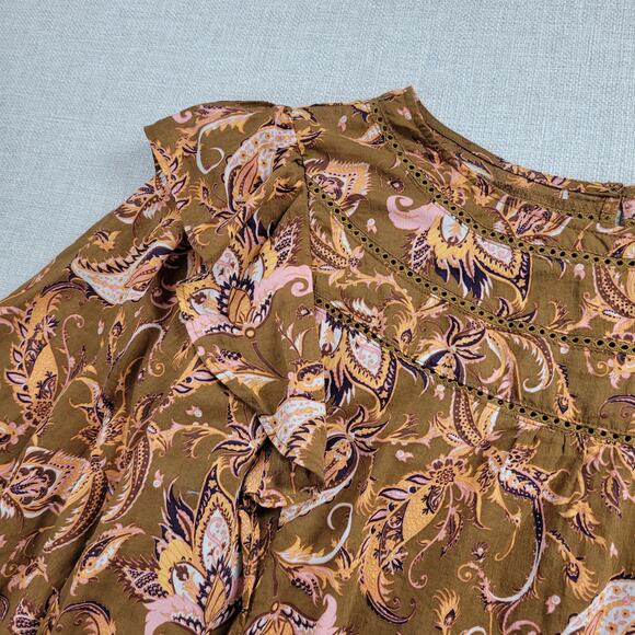 Terra & Sky Womens Blouse Size 4X Brown Paisley Print Ladder Trim Ruffle Peasant - Picture 10 of 11